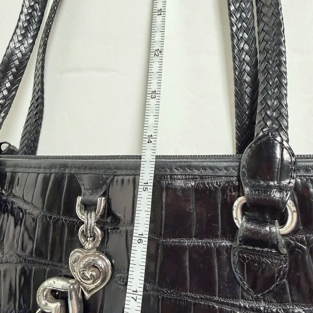 Brighton Black Faux Croc Embossed Shoulder Bag Vintage Plaid Lining Heart Charms
